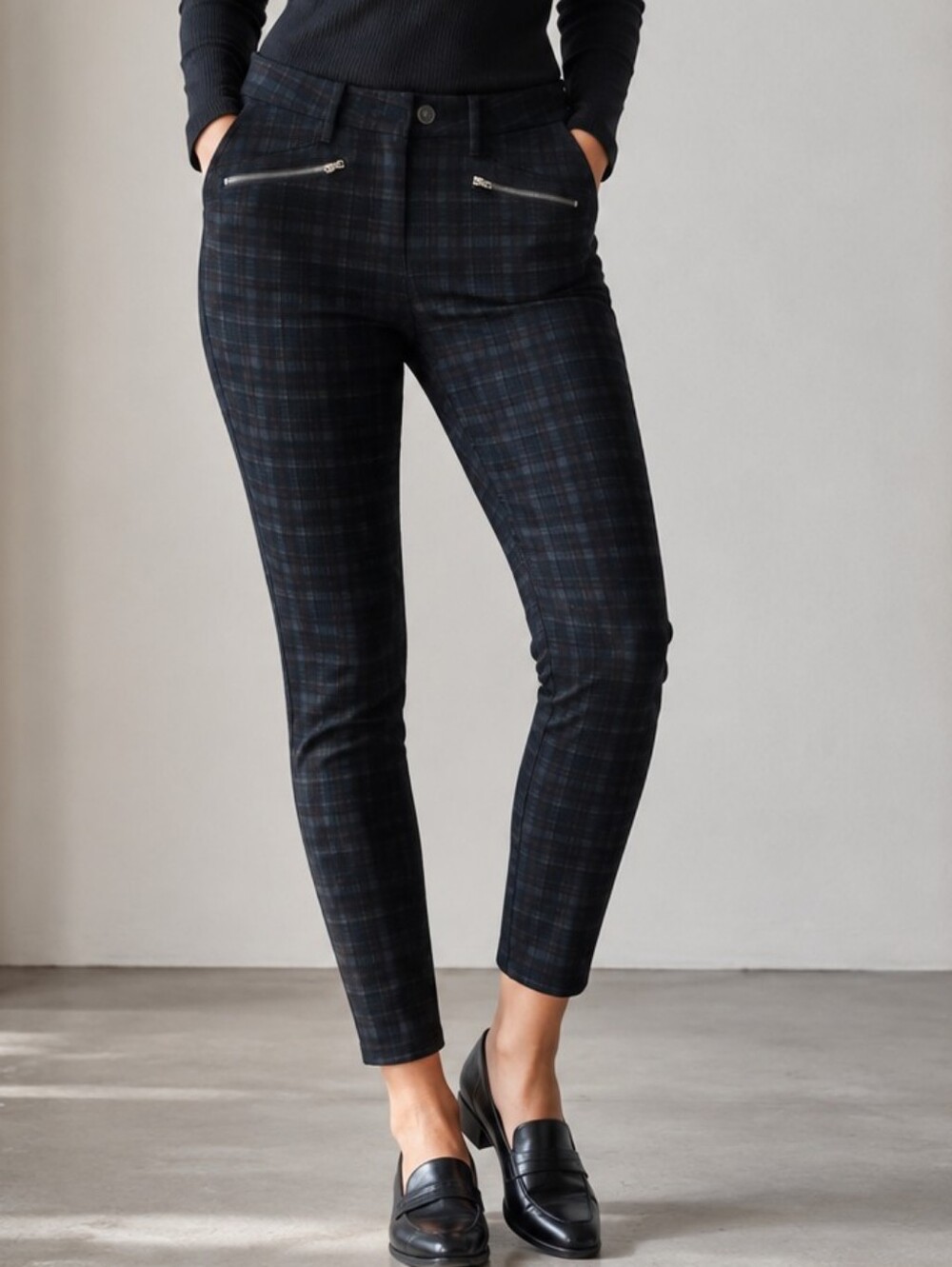 💙 RICKIS - Plaid Skinny Trousers with Zip Pockets